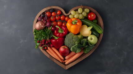 Wall Mural - Heart-shaped wooden board filled with assorted colorful vegetables.