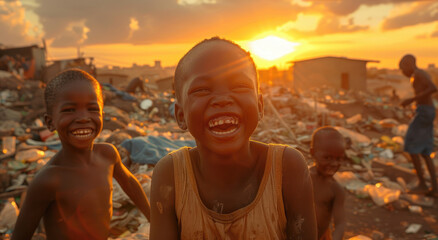 Wall Mural - happy black children playing in the slums, smiling and laughing at camera, in front of an orange sunset sky, surrounded by trash and broken building debris