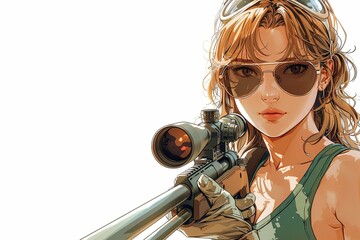 Wall Mural - Anime-style Curvy Woman in Green Tank Top and Aviator Shades with Rifle on White Background