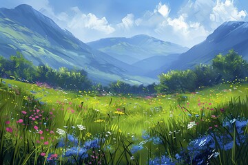Wall Mural - Detailed Hilltop Haven: Scenic Vista Digital Painting