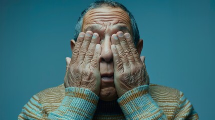 Wall Mural -  A man covers his face with both hands and closes his eyes with them