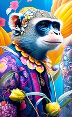 Sticker - AI generated illustration of a monkey adorned with flowers in a tropical setting