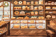 A digital illustration of a vibrant wooden bakery