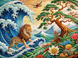 A captivating fusion of Asian traditional art and modern elements, featuring a wave, tree, lion, and eagle design in exquisite detail.