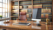A modern lawyer's office with a computer displaying legal documents on the screen, a smartphone showing legal apps, and a shelf full of law books in the background.