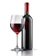 A captivating arrangement presenting a luxurious bottle of red wine and a sleek wine glass, displayed against a clean white backdrop, perfect for promotional material.