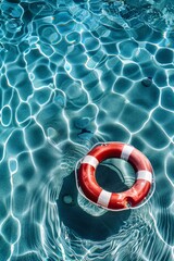 Wall Mural - A red and white life preserver floating on the surface of a clear blue pool of water 