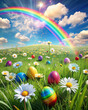 A picturesque digital artwork illustrating a festive Easter morning with a rainbow, vibrant eggs, and daisies fluttering in the wind in a scenic meadow, symbolizing renewal and joy.