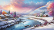 A beautiful winter scenes wallpaper with snowy and blue sky with clouds and river beside village