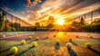A picturesque scene of a tennis court at sunset, with tennis balls scattered around, showcasing the beauty of the sport in natural light.