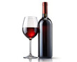 A pristine bottle of red wine standing tall, flanked by a delicate wine glass on each side against a clean, white background.