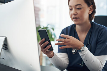 Poster - Office, woman and doctor with smartphone, computer and healthcare with research, online news and connection. Person, medical and professional with pc, cellphone and email with digital app or wellness