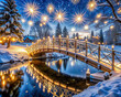 A quaint bridge adorned with sparkling Christmas lights, spanning a frozen river under the enchanting night sky