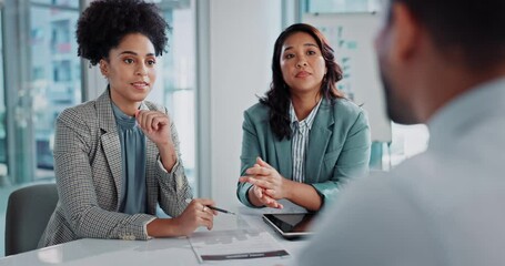 Poster - Business people, teamwork and job interview for project onboarding, proposal and b2b ideas in meeting. Professional women talking and listening to client or new employee for public relations decision