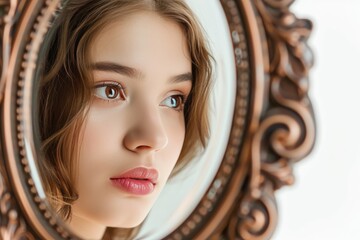 pretty young woman Reflective moment with a vintage mirror photo on white isolated background