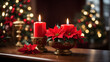 Glowing candle illuminates ornate christmas decoration indoors with red poinsettia