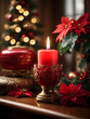Glowing candle illuminates ornate christmas decoration indoors with red poinsettia