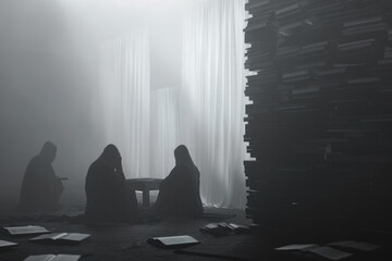Poster - A group of people sitting around a table in a foggy room. Suitable for business meeting concepts