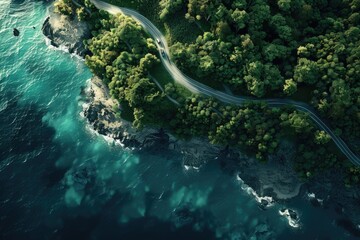 Poster - Aerial view of a winding road next to a body of water. Suitable for travel or transportation concepts