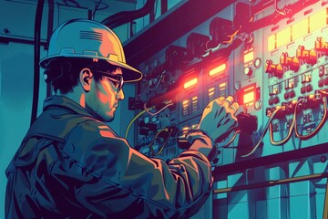 Poster - A man in a hard hat working on a machine. Suitable for industrial and construction themes