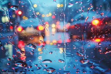 Poster - Rain drops on a rain covered windshield, suitable for weather or driving concepts