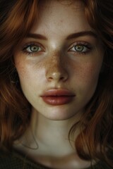 Wall Mural - A close-up portrait of a woman with freckles. Ideal for beauty and skincare concepts