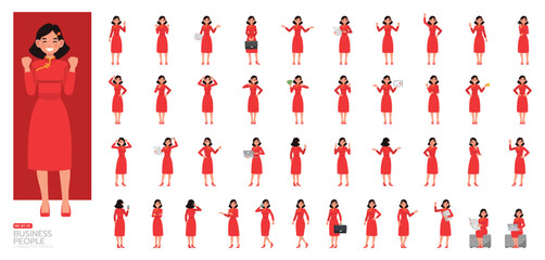 Wall Mural - Big Set of businesswoman wear red dress character vector design. Chinese woman working in office planning, thinking and economic analysis illustration. Presentation in various action.