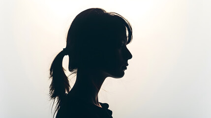 Wall Mural - Dark silhouette of a young woman on white background side view : Generative AI