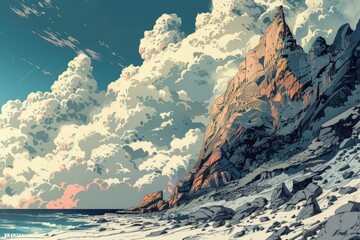 Poster - Scenic view of a rocky beach with a majestic mountain in the background. Suitable for travel and nature concepts