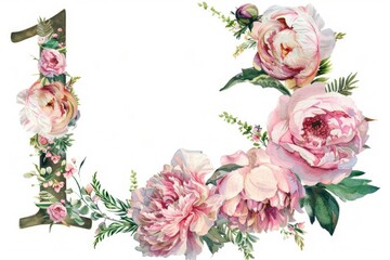 Wall Mural - Watercolor painting of a number one with flowers. Suitable for educational materials or floral-themed designs