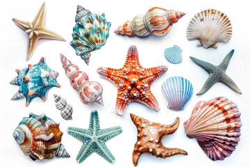 Poster - A variety of sea shells and starfish on a white surface. Perfect for beach-themed designs