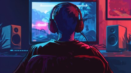 Poster - A person sitting in front of a computer with headphones on. Suitable for technology and work concepts