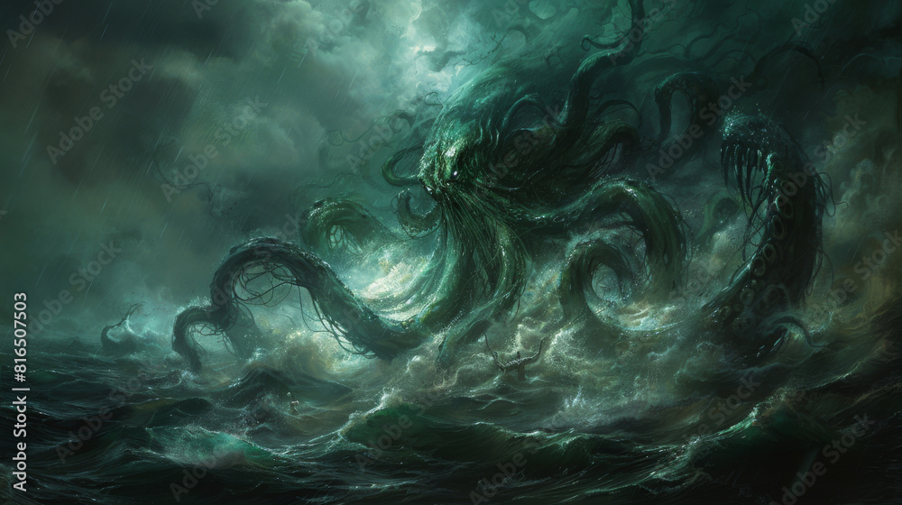 Cthulhu rising from the ocean. Mythical sea monster rising from the ...