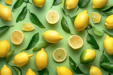 Poster - Ripe lemons with leaves on a vibrant green background. Perfect for food and beverage concepts
