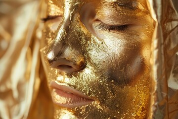 Poster - Close up of a person with gold paint on their face, suitable for beauty or fashion concepts