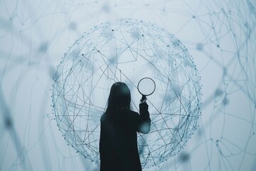 Poster - Close-up of a person examining a sphere with a magnifying glass. Suitable for scientific and research concepts