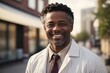 © free - cheerful african man doctor outside hospital