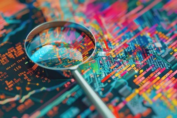 Poster - Close-up of a magnifying glass on a circuit board, suitable for technology concepts