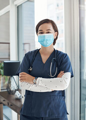 Poster - Face cover, woman and doctor with arms crossed, medical and healthcare with career ambition in clinic. Person, protect or professional with portrait, proud or confidence with virus, safety or uniform