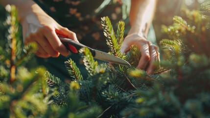 Poster - Person using scissors to trim plant, suitable for gardening concepts