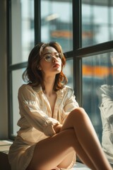 Poster - A woman sitting on a window sill looking out the window. Suitable for various interior design and lifestyle concepts
