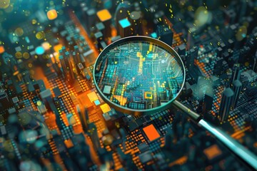 Poster - A magnifying glass over a city at night. Suitable for various urban concepts