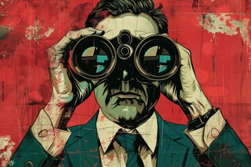 Poster - A man in a suit and tie looking through a pair of binoculars. Suitable for business and surveillance concepts