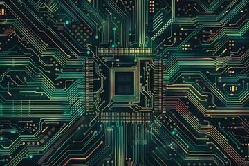 Poster - Computer circuit board with various electronic components. Suitable for technology and innovation concepts