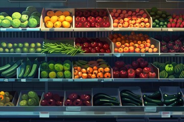 Poster - A variety of fresh fruits and vegetables in a display case, perfect for grocery store or healthy eating concepts