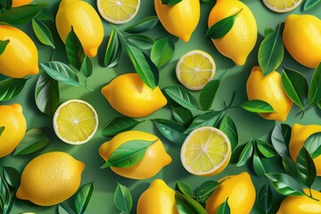Poster - A bunch of lemons with leaves on a green background. Perfect for food and beverage concepts