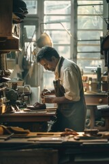 Poster - A man is seen working on a piece of wood in a workshop. Ideal for woodworking or craftsmanship projects