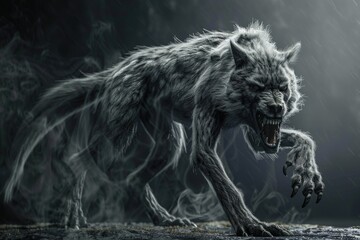Poster - A wolf running in the rain. Suitable for nature and wildlife concepts