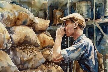 Poster - A man standing in front of a pile of bread, suitable for bakery promotions