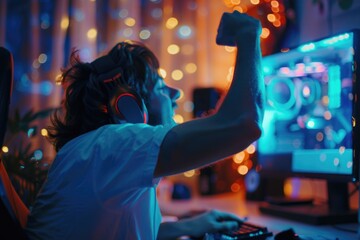Poster - A person sitting in front of a computer with headphones on. Suitable for technology and work concept